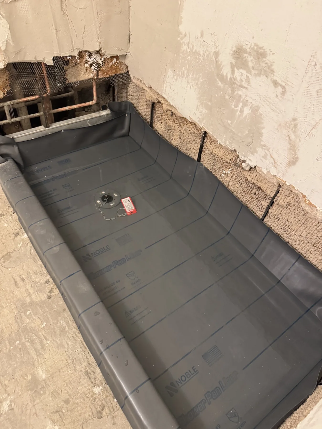 Shower-pan liner installed during the Glen Ridge bathroom renovation